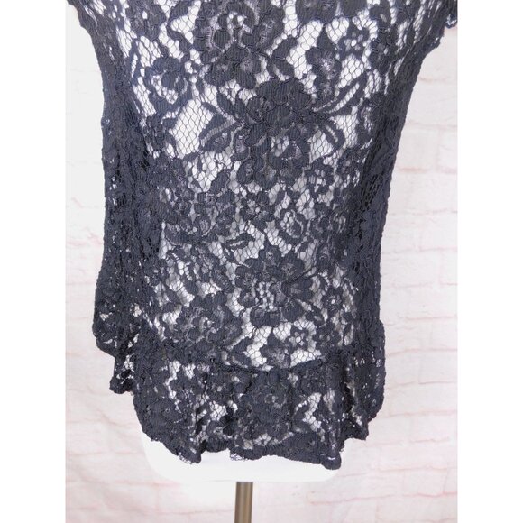 Black Lace Sleeveless Ruffle Blouse XS With Keyhole Back By Papaya - Picture 9 of 10